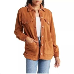 BlankNYC Camel Brown Fleece Shirt Jacket Tan Shacket Cozy Utility Workwear EUC